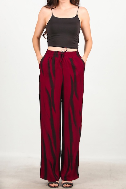 Kadın Desenli Bol Paça Pantolon  Bordo 6