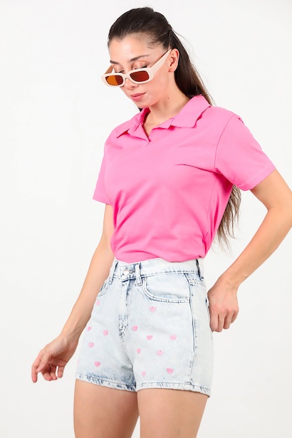 Kadın Kalp Nakışlı Kot Şort 