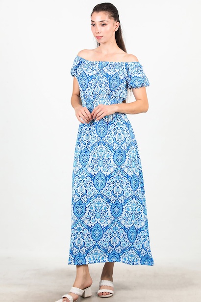 Kadın Bel Lastilki Desenli Elbise 