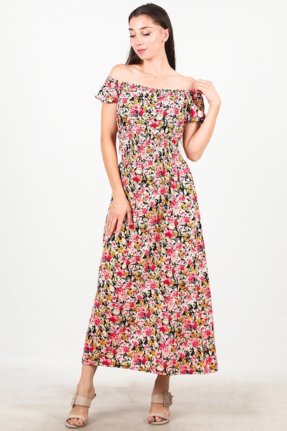 Kadın Bel Lastilki Desenli Elbise 