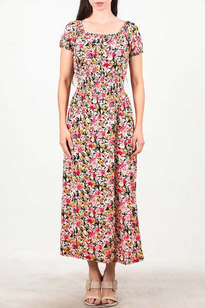 Kadın Bel Lastilki Desenli Elbise  Turuncu 6