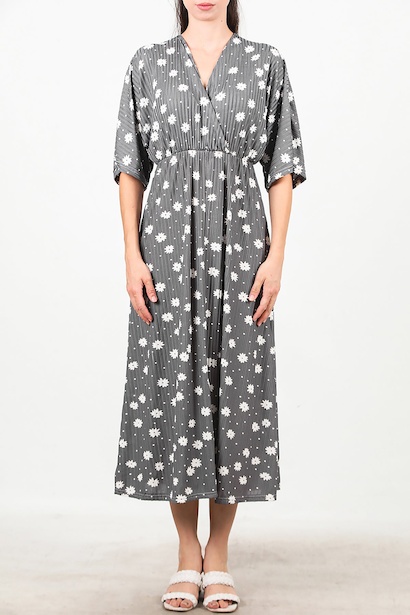 Kadın Kloveze Yaka Kısa Kol Elbise  Gri 6