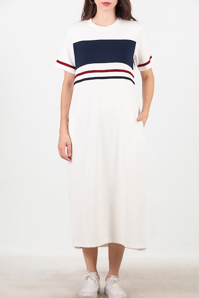 Kadın Çizgili Uzun Elbise  Ekru 6