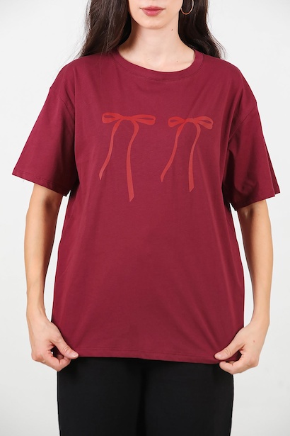 Kadın Baskılı Oversize T-shirt  Bordo 6