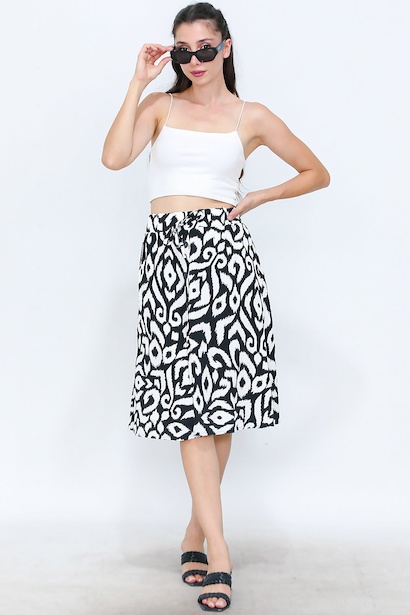 Kadın Desenli Düğmeli Midi Boy Etek 