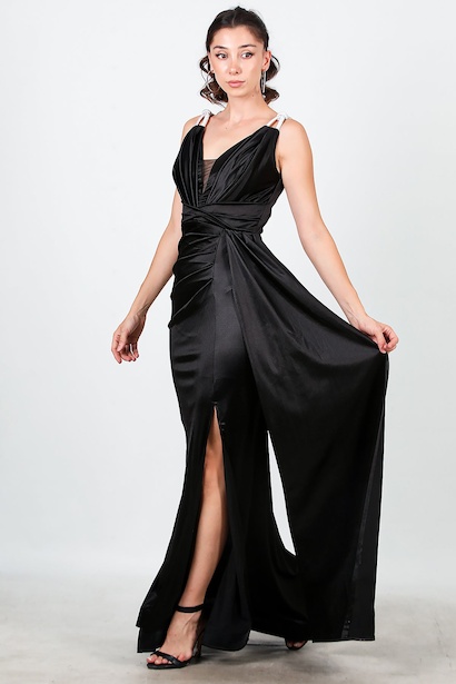 Kadın Omuz Taş Detay Pileli Uzun Abiye 