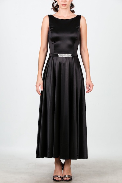 Kadın Askılı Kemerli Midi Boy Abiye  Siyah 6