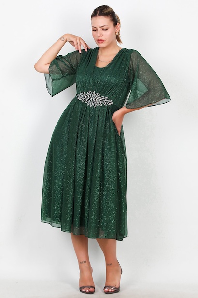 Büyük Beden Beli Taşlı Midi Boy Simli Tül Elbise 