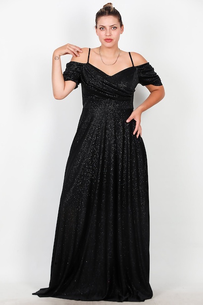 Büyük Beden Düşük Omuz Simli Uzun Abiye 