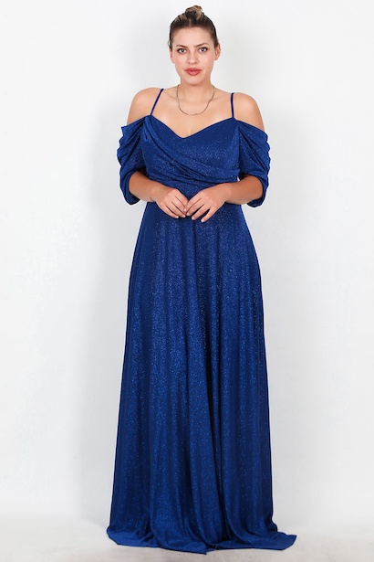 Büyük Beden Düşük Omuz Simli Uzun Abiye 