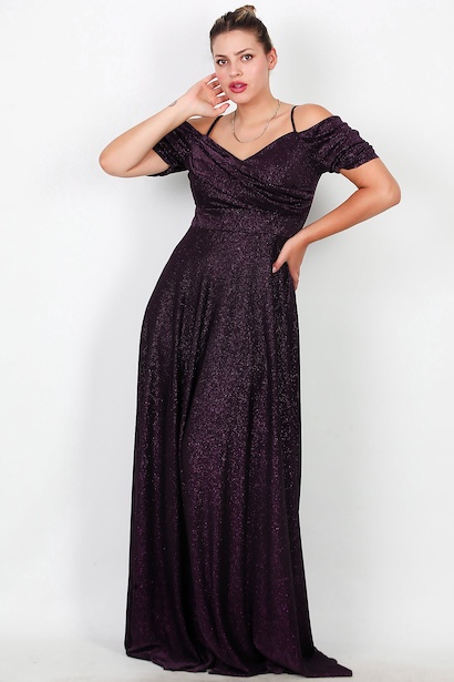 Büyük Beden Düşük Omuz Simli Uzun Abiye 