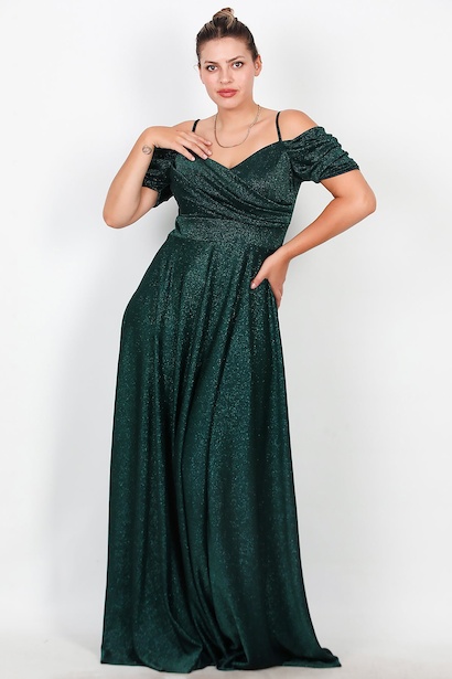 Büyük Beden Düşük Omuz Simli Uzun Abiye 