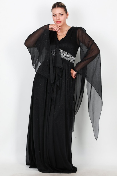 Büyük Beden Bel Taşlı Uzun Simli Abiye 