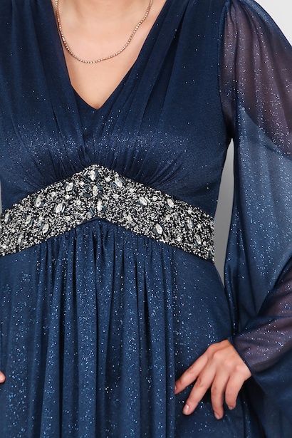 Büyük Beden Bel Taşlı Uzun Simli Abiye  Lacivert 6