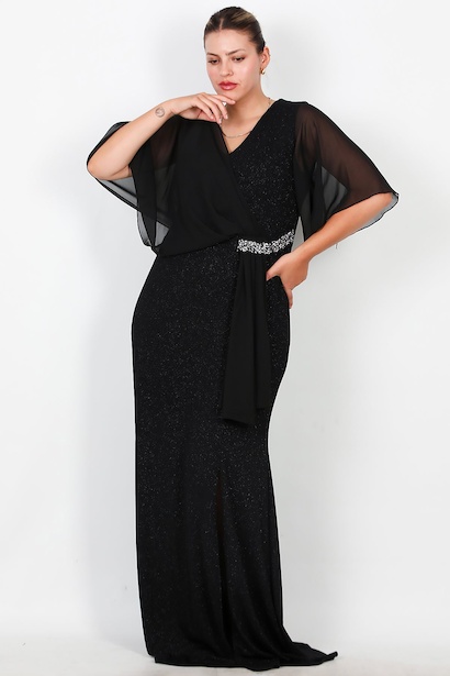 Büyük Beden Üstü Şifon Bel Taş Detay Uzun Abiye 