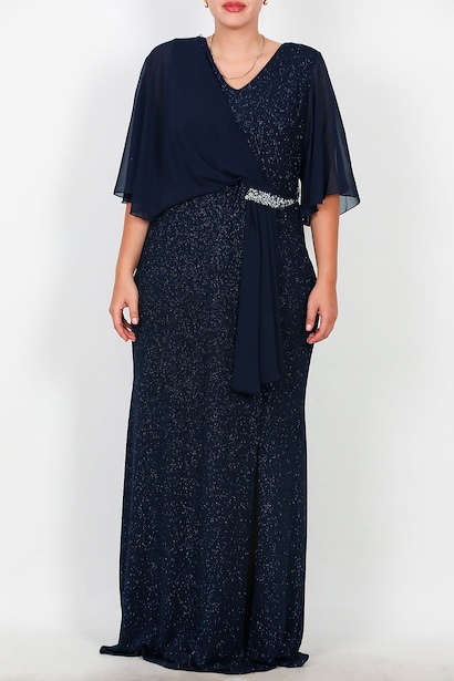 Büyük Beden Üstü Şifon Bel Taş Detay Uzun Abiye  Lacivert 6