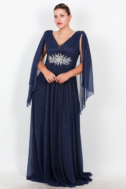 Büyük Beden Bel Taş İşlemeli Simli Uzun Abiye 