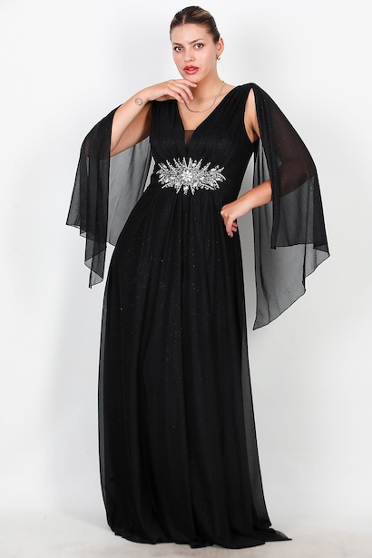 Büyük Beden Bel Taş İşlemeli Simli Uzun Abiye 