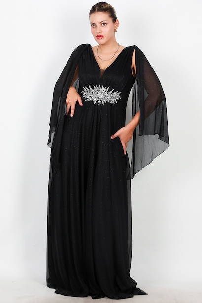 Büyük Beden Bel Taş İşlemeli Simli Uzun Abiye  Siyah 6