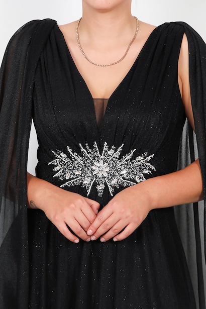 Büyük Beden Bel Taş İşlemeli Simli Uzun Abiye  Siyah 9