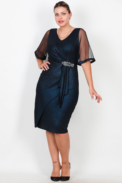 Büyük Beden Tül Kol Bel Aksesuarlı Midi Boy Abiye  Lacivert 6