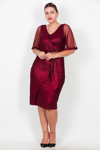 Büyük Beden Tül Kol Bel Aksesuarlı Midi Boy Abiye 