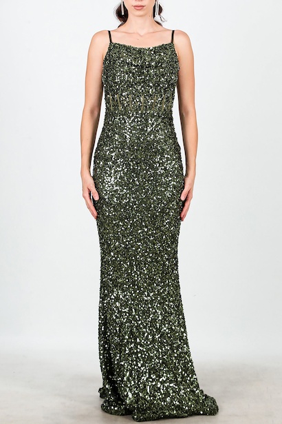 Kadın İp Askılı Pullu Uzun Abiye  Yeşil 6