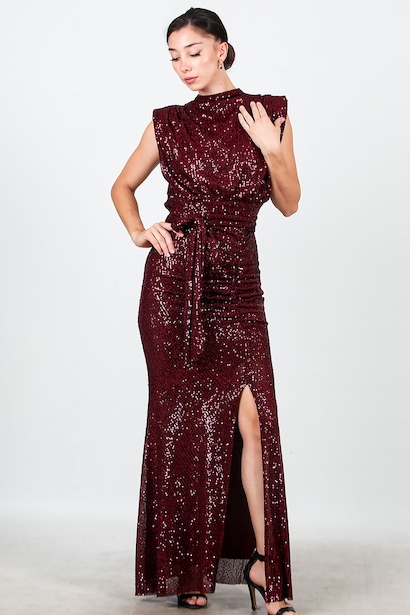 Kadın Yırtmaçlı Kuşaklı Uzun Abiye 