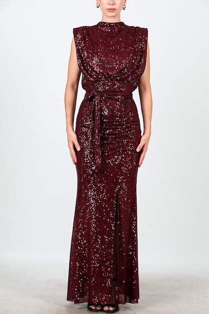 Kadın Yırtmaçlı Kuşaklı Uzun Abiye  Bordo 6