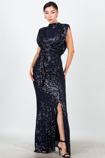 Kadın Yırtmaçlı Kuşaklı Uzun Abiye 