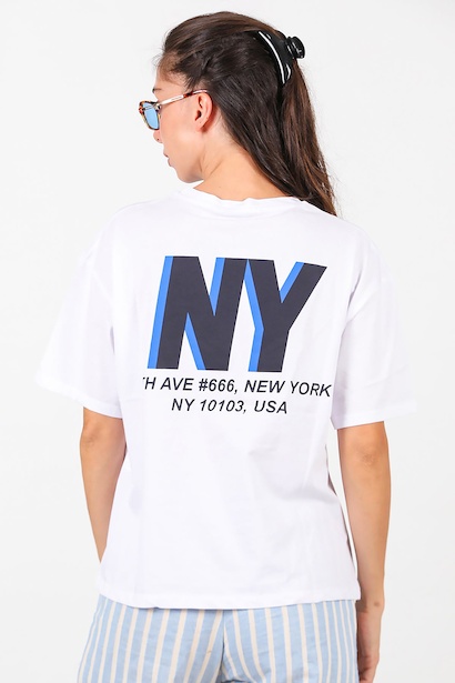 Kadın Ön Arka Baskılı Tshırt  Beyaz 6