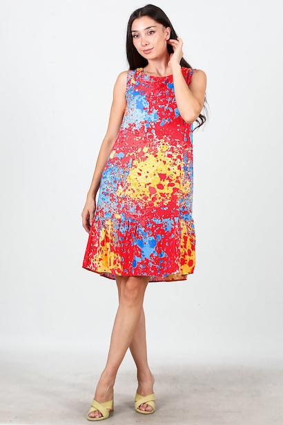 Kadın Desenli Viskon Kolsuz Elbise 