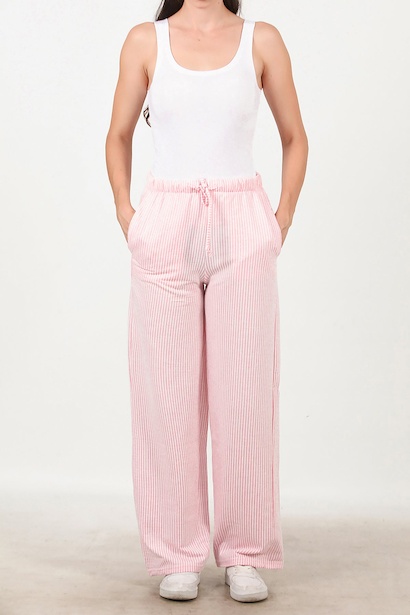 Kadın Çizgili Bol Paça Pantolon  Pembe 6