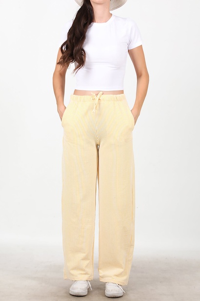 Kadın Çizgili Bol Paça Pantolon  Sarı 6