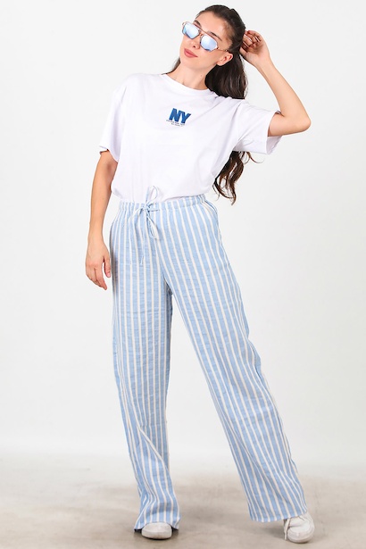 Kadın Çizgili Keten Bol Paça Pantolon 