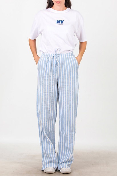 Kadın Çizgili Keten Bol Paça Pantolon  Mavi 6