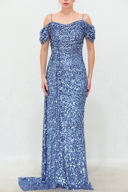 Kadın Düşük Omuz Yırtmaçlı Pullu Uzun Abiye  Mavi 6