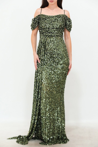 Kadın Düşük Omuz Yırtmaçlı Pullu Uzun Abiye  Yeşil 6