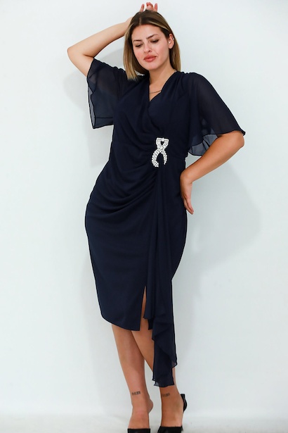 Büyük Beden Bel Aksesuar Şifon Kısa Abiye 