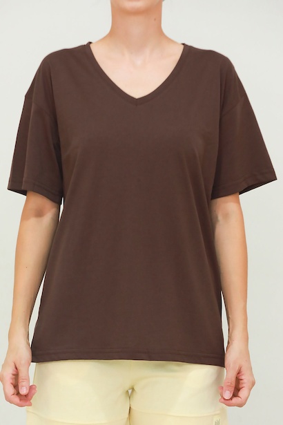 Kadın V Yaka Owersize Tshırt  Kahverengi 6