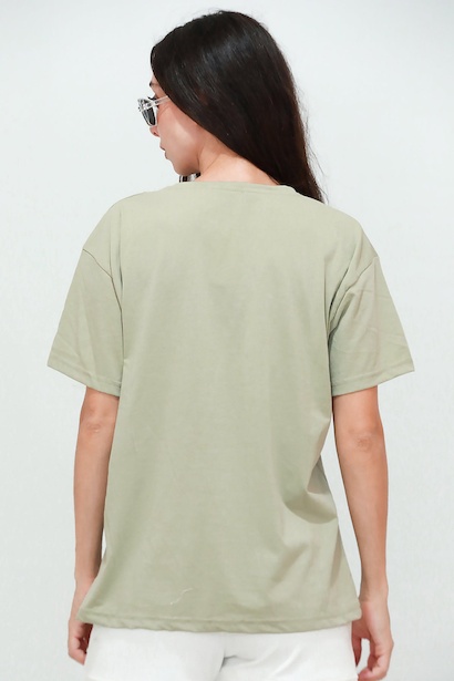 Kadın V Yaka Owersize Tshırt  Haki 6