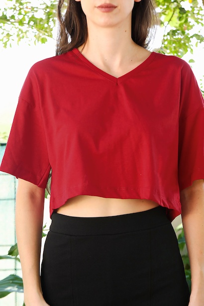 Kadın V Yaka Kısa Tshırt  Kırmızı 6