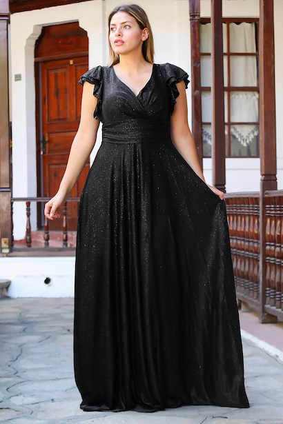 Büyük Beden Katlı Kol Uzun Simli Abiye 