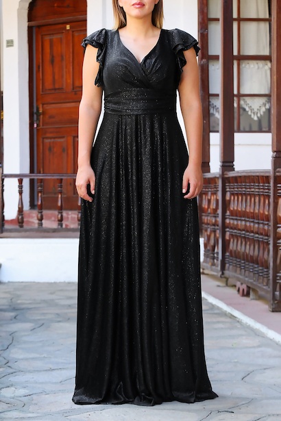 Büyük Beden Katlı Kol Uzun Simli Abiye  Siyah 6