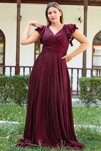 Büyük Beden Katlı Kol Uzun Simli Abiye 