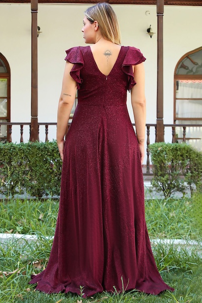 Büyük Beden Katlı Kol Uzun Simli Abiye  Bordo 6