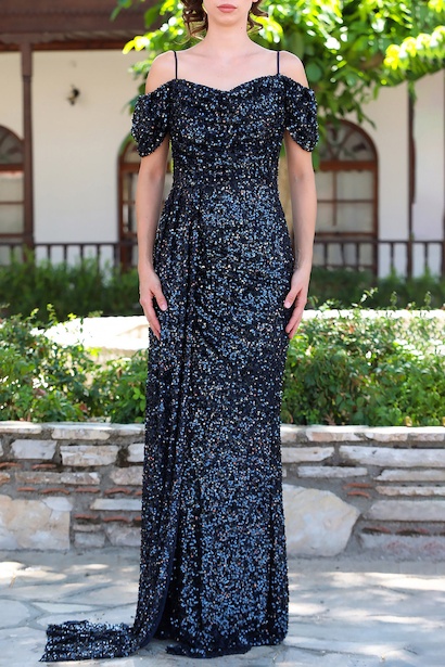 Kadın Düşük Omuz Yırtmaçlı Pullu Uzun Abiye  Lacivert 6