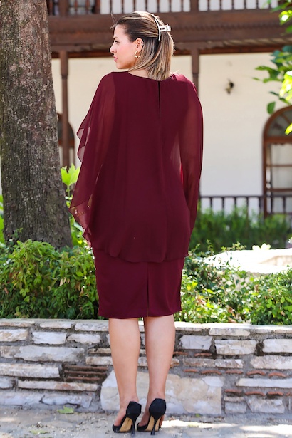 Büyük Beden Bel Aksesuarlı Üzeri Şifon Kısa Abiye  Bordo 6