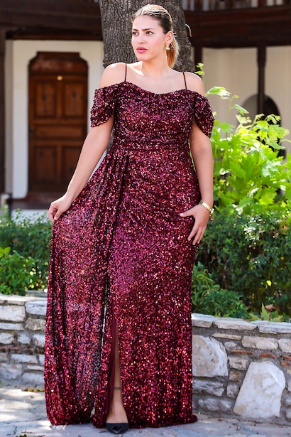 Büyük Beden Düşük Omuz Yırtmaçlı Pullu Uzun Abiye  Bordo