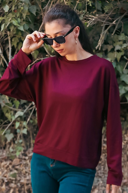 Kadın Owersize Bisiklet Yaka Sweet  Bordo 6